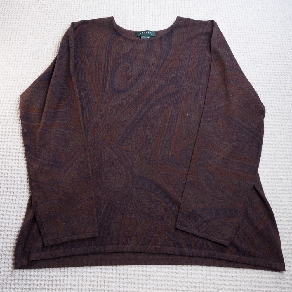 Lauren Ralph Lauren Silk Cashmere Paisley Knit Top Brown Purple 2X